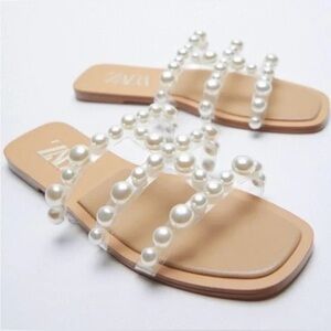 Zara Vinyl Pearl Flat Sandals Size 39